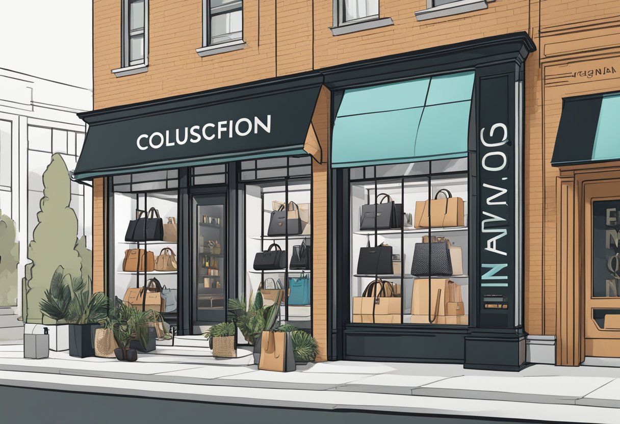 A sleek, modern storefront with "Conclusion Vegan Leather Products" in bold lettering. Displayed items include bags, shoes, and accessories made from sustainable, cruelty-free materials