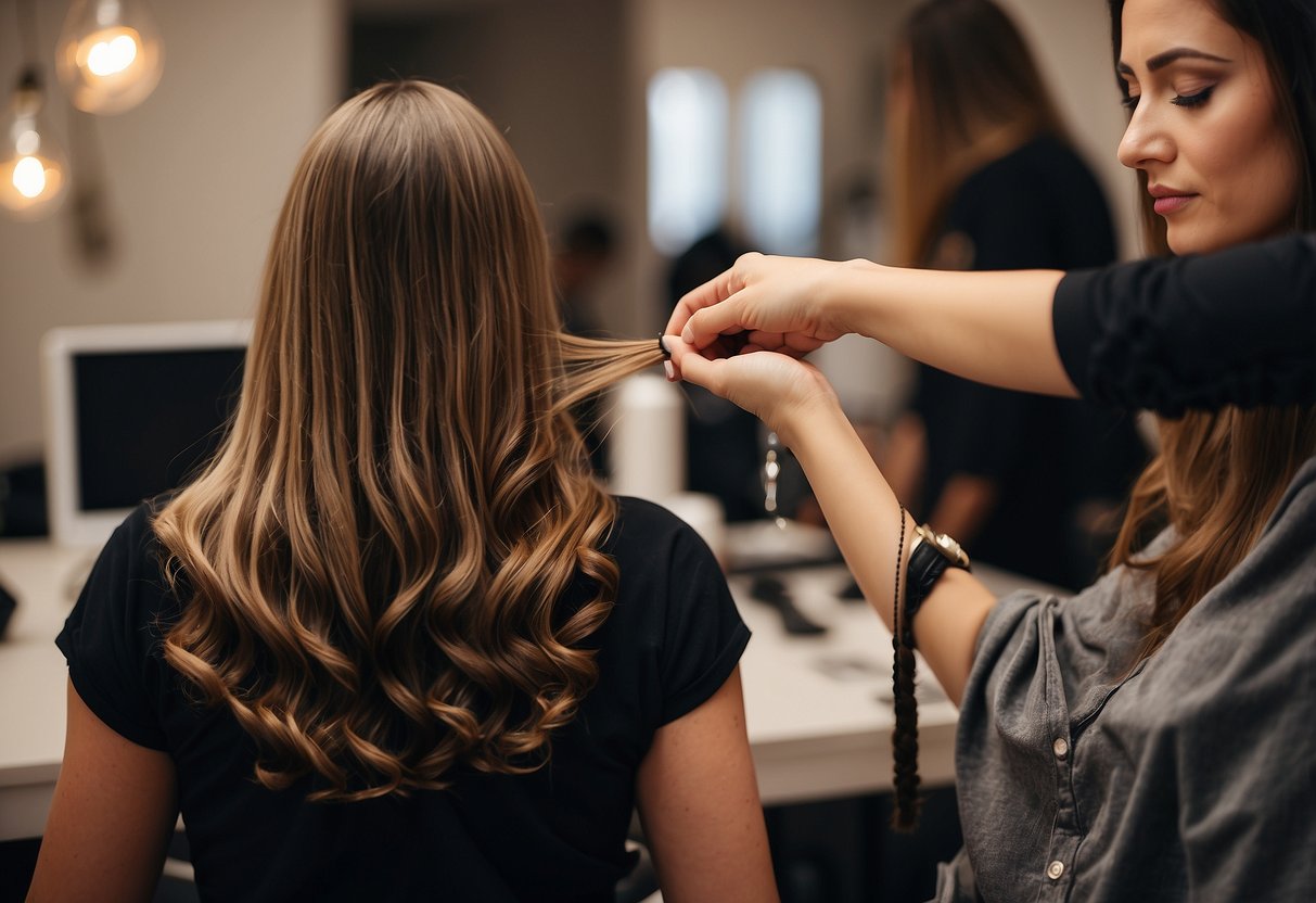 A stylist applies micro-bead hair extensions, following safety and certification guidelines