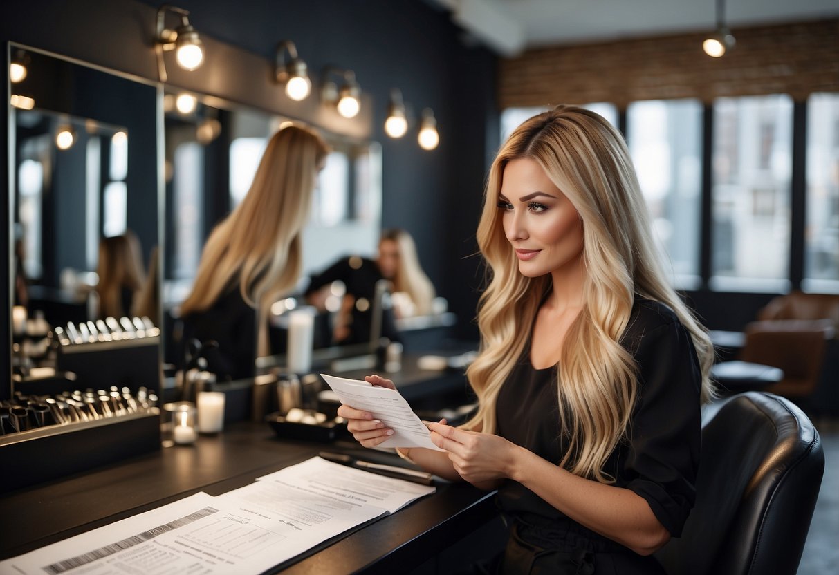 A hair salon with a price list for fusion extensions, a display of damaged and healthy hair, and a stylist consulting a client