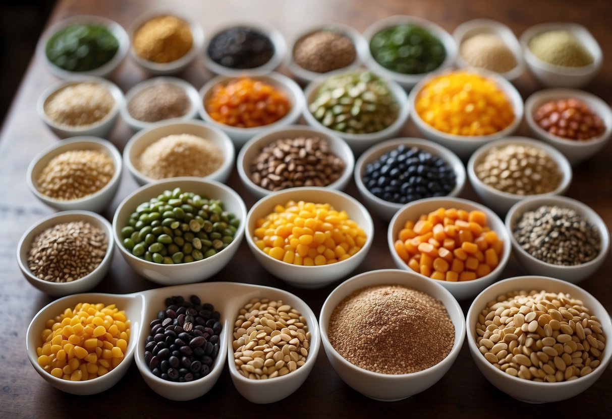 A colorful array of 25 different grains arranged in bowls, showcasing a variety of textures and colors for a vibrant vegan Buddha bowl