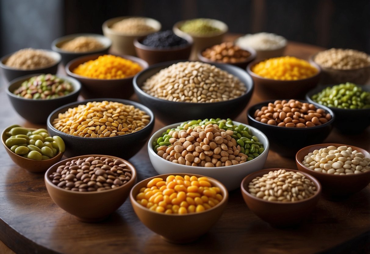 A table filled with 25 different grains, seeds, and legumes in colorful bowls, showcasing a variety of textures and colors for a healthy vegan Buddha bowl