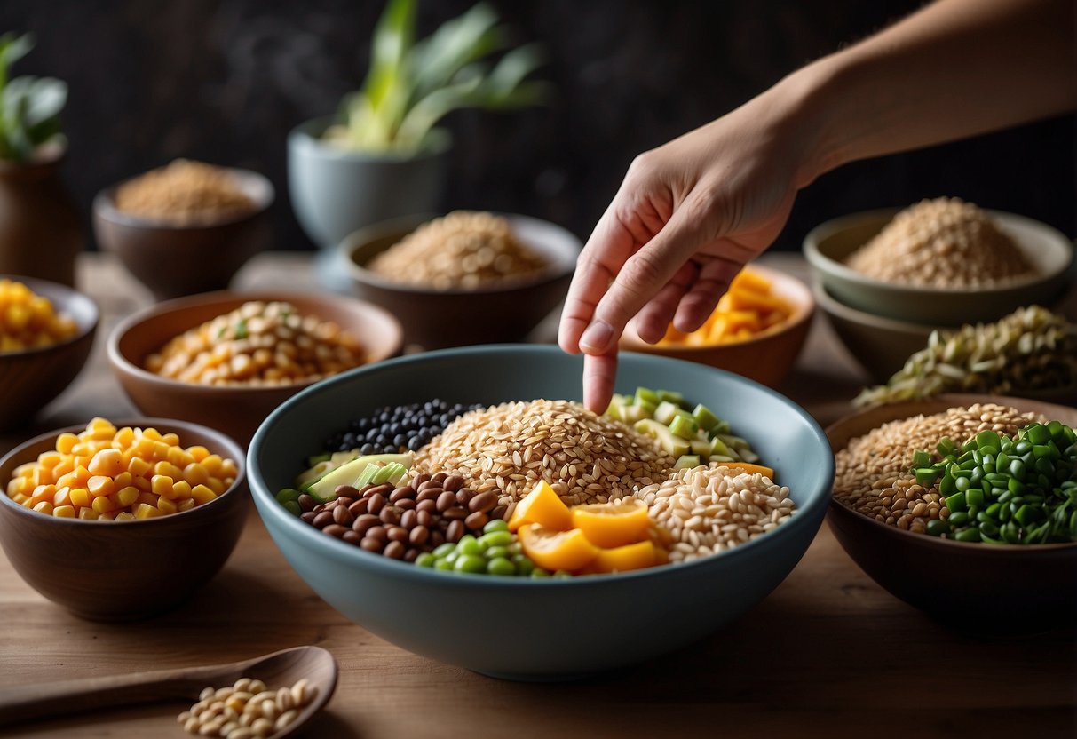 A hand reaches for a variety of grains in bowls, showcasing 25 options for a healthy vegan Buddha bowl