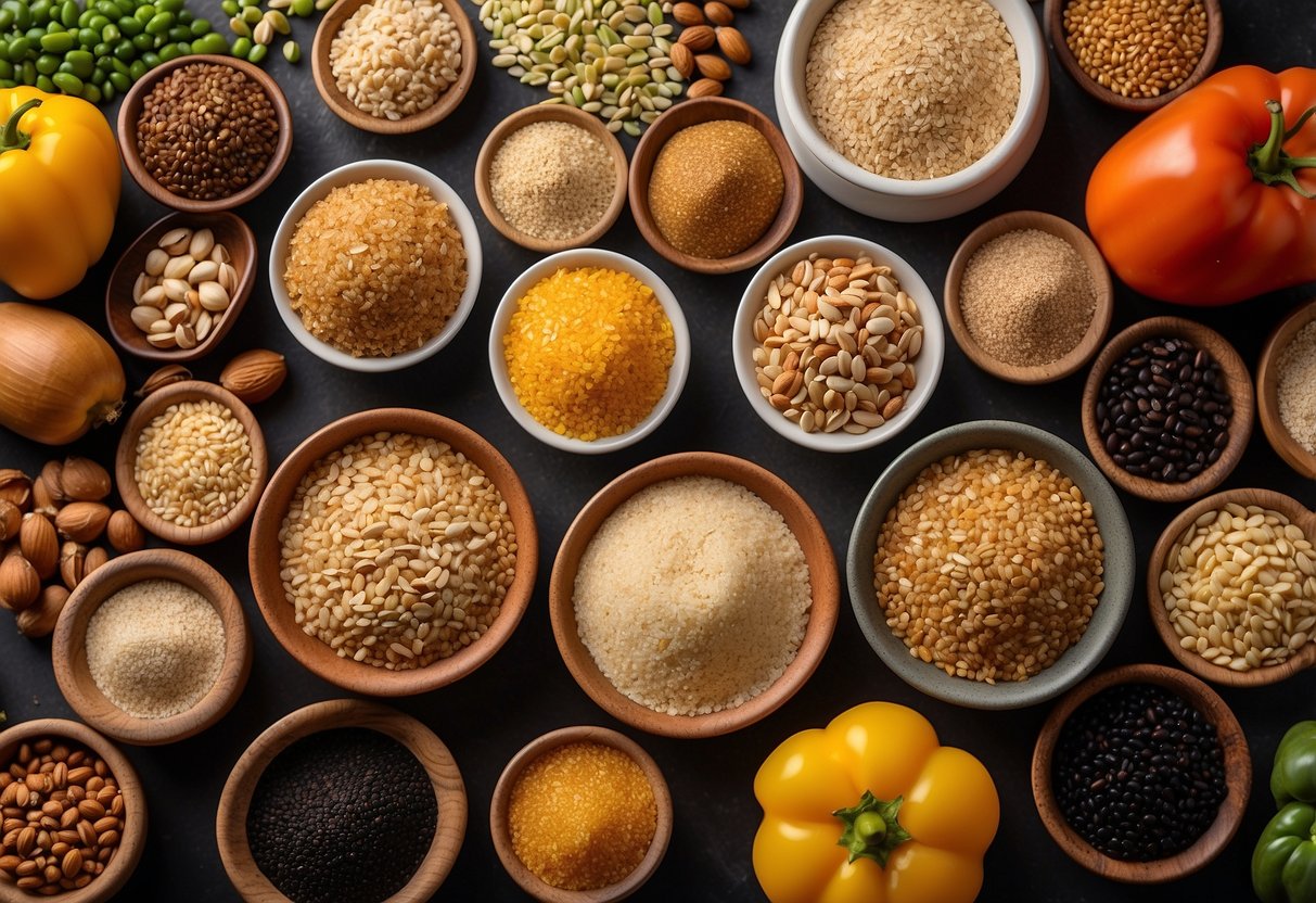 A colorful array of whole grains, including quinoa, brown rice, barley, and farro, arranged in a circular pattern with vibrant vegetables and nuts scattered around