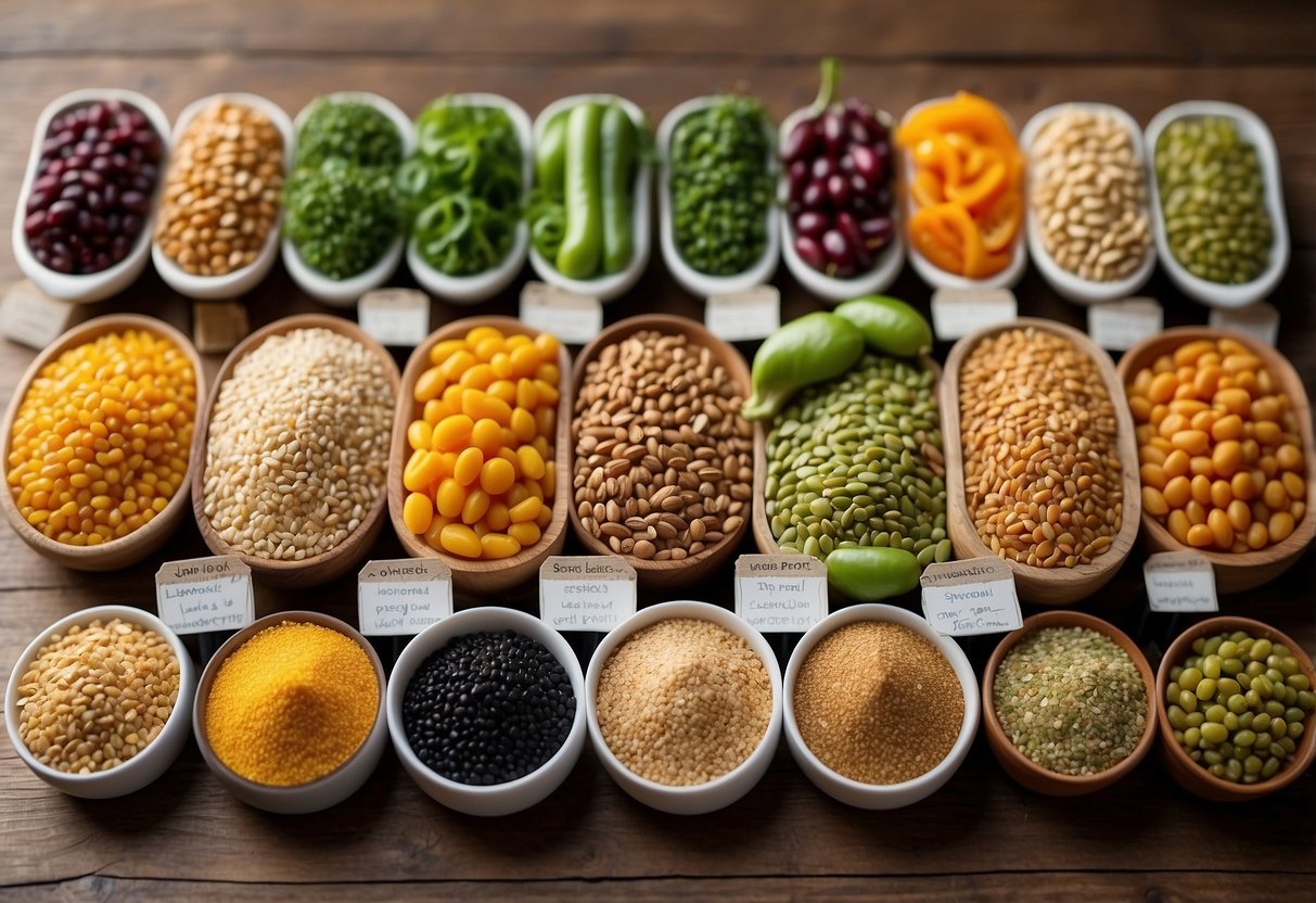 A colorful array of 25 different grains, seeds, and legumes spread out on a textured wooden table, with vibrant vegetables and herbs surrounding them