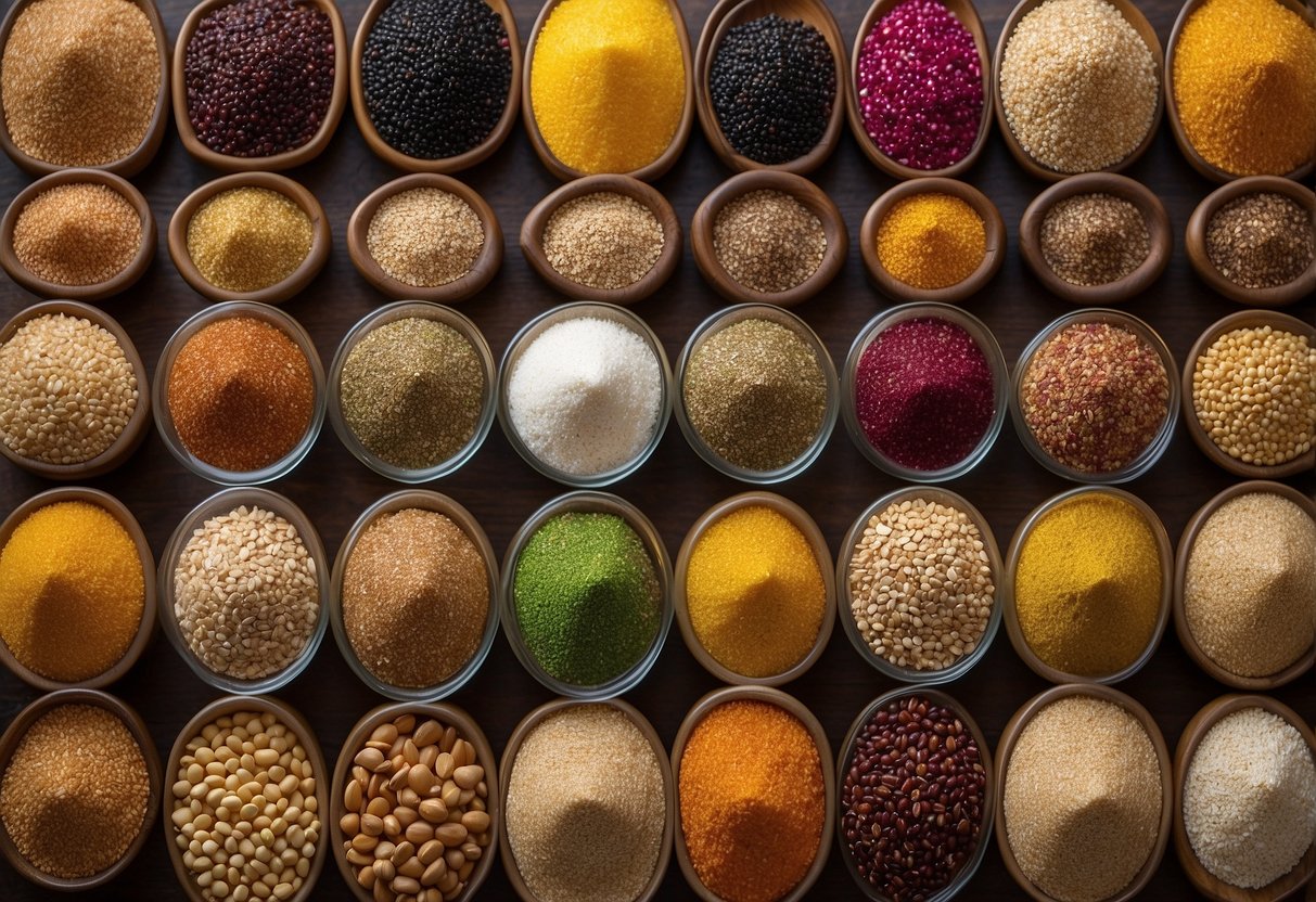 A colorful array of 25 different ancient grains, from quinoa to amaranth, arranged in a vibrant display, ready to be used in a healthy vegan Buddha bowl