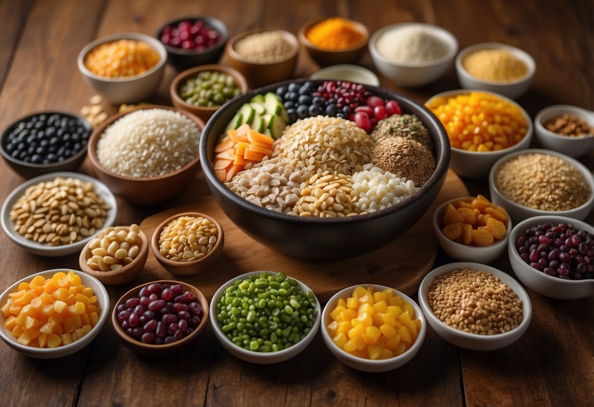 A colorful array of 25 different grains and toppings spread out on a table, ready to be used in a healthy vegan Buddha bowl