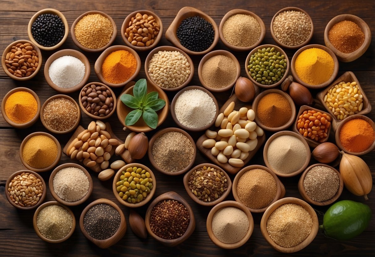 A colorful array of 25 different grains, seeds, and legumes spread out on a wooden table, with labels showcasing their names and vibrant colors