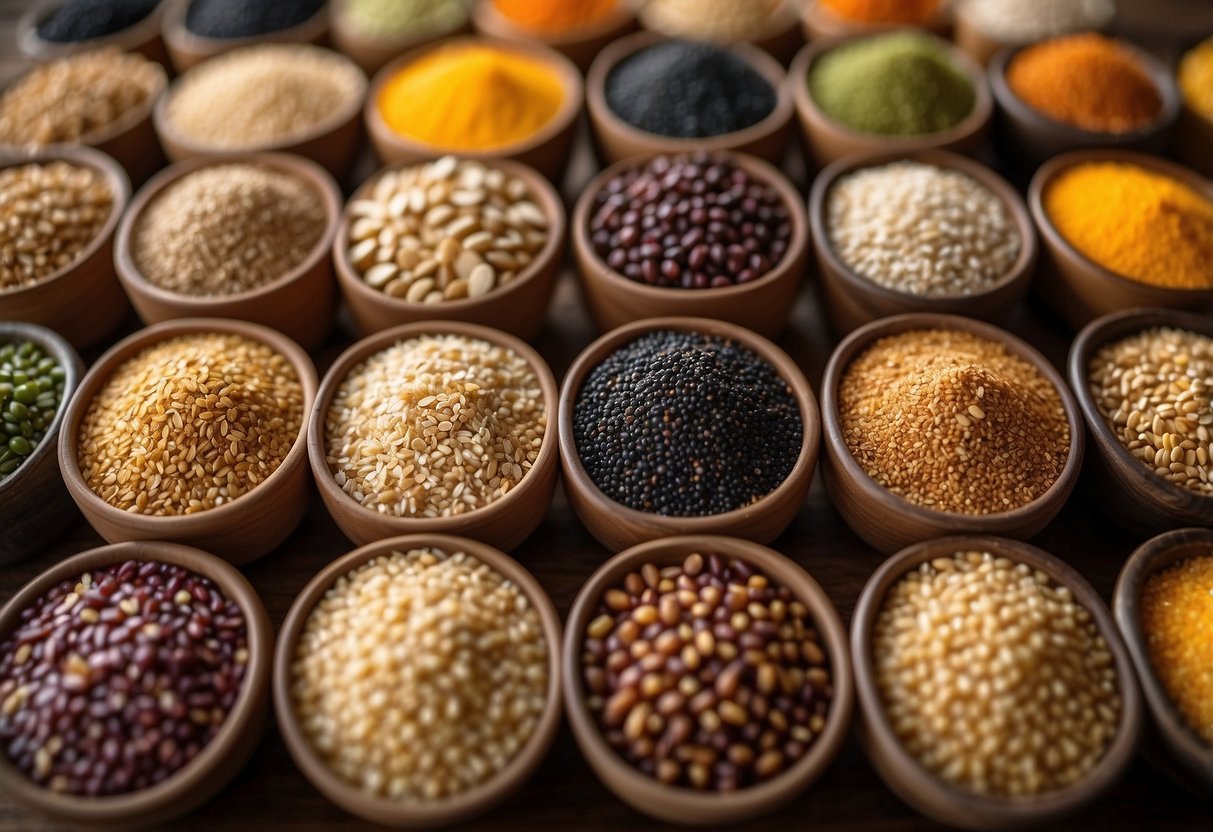 A colorful array of 25 different grains, from quinoa to farro, displayed in individual containers, showcasing the variety and quality for a vegan Buddha bowl