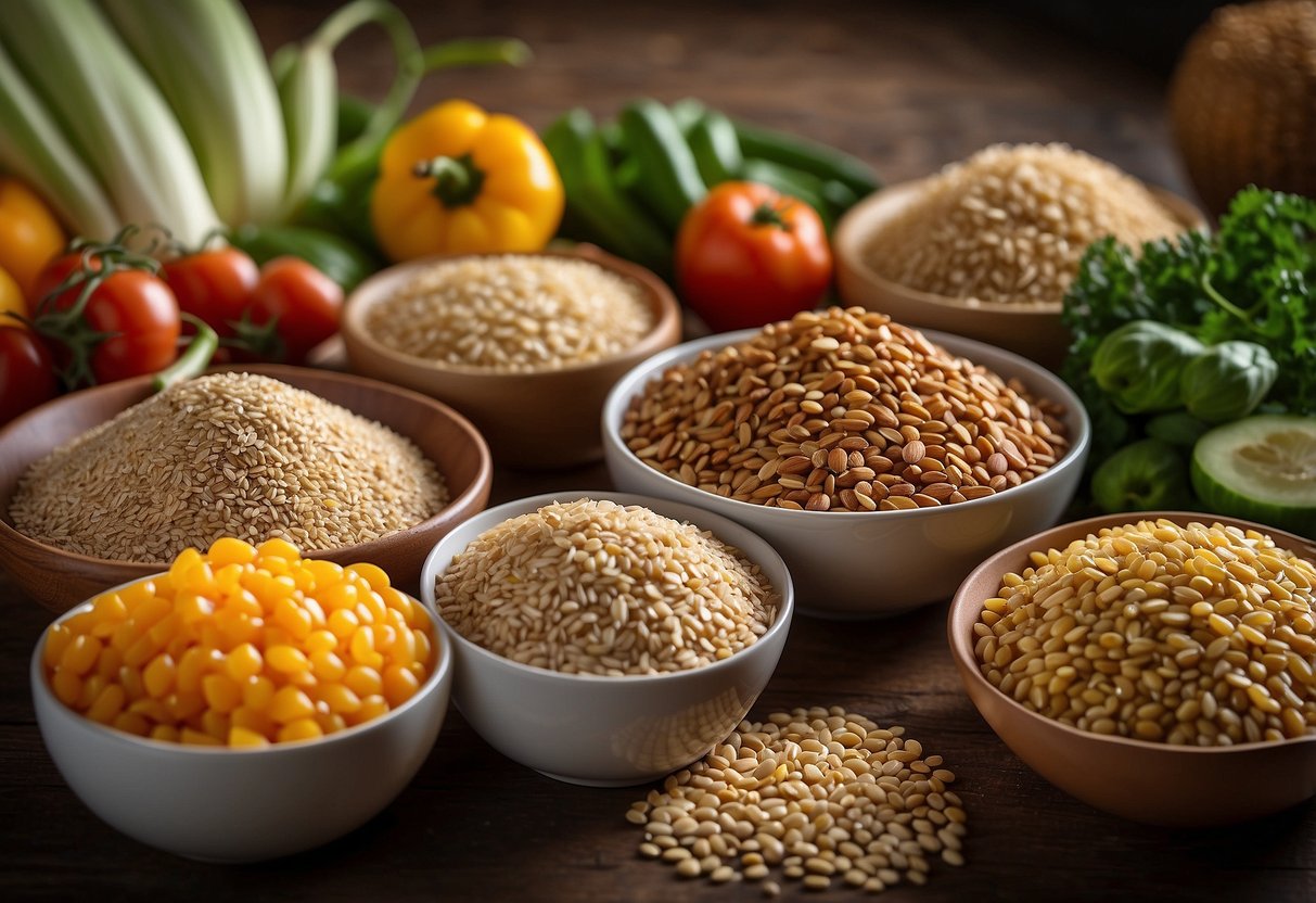 A colorful array of grains, including quinoa, brown rice, and farro, arranged in separate piles next to vibrant vegetables and plant-based proteins