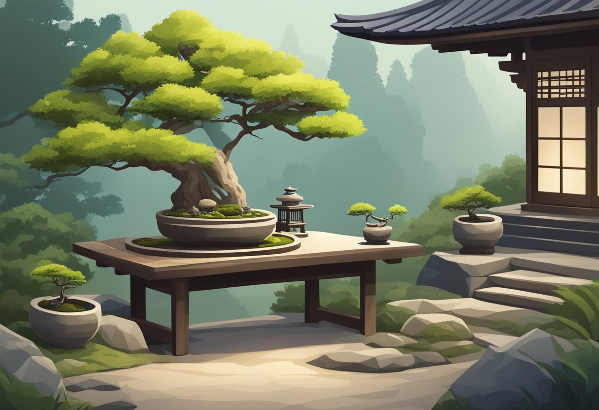 A small table with bonsai tree kits, tiny pots, soil, and miniature gardening tools. A serene backdrop of a Japanese garden with a stone lantern and a wooden bridge