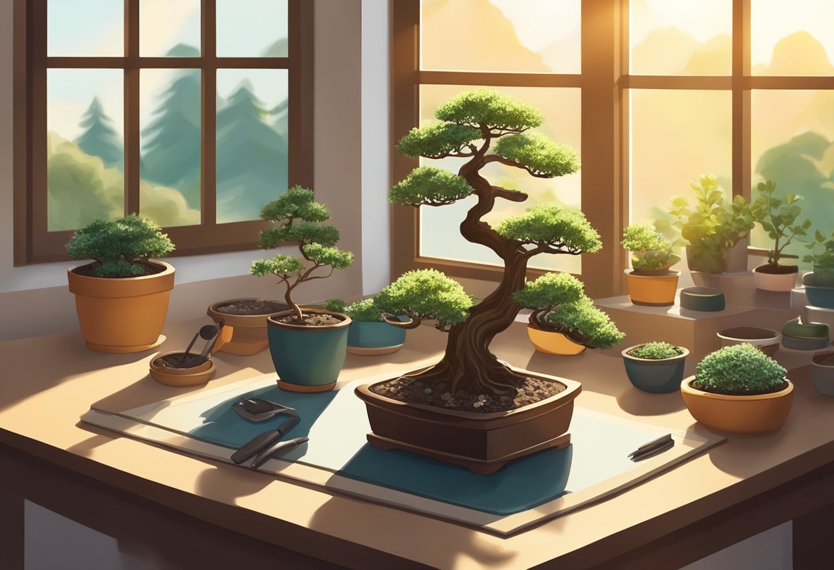 A table with bonsai tree kits, small pots, soil, and miniature tools arranged for planting. Sunlight streams through a nearby window, casting a warm glow over the setup