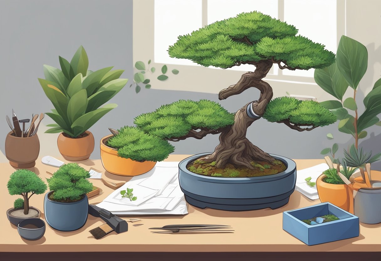 A person carefully trims the leaves of a small bonsai tree, surrounded by a bonsai tree kit with various tools and supplies