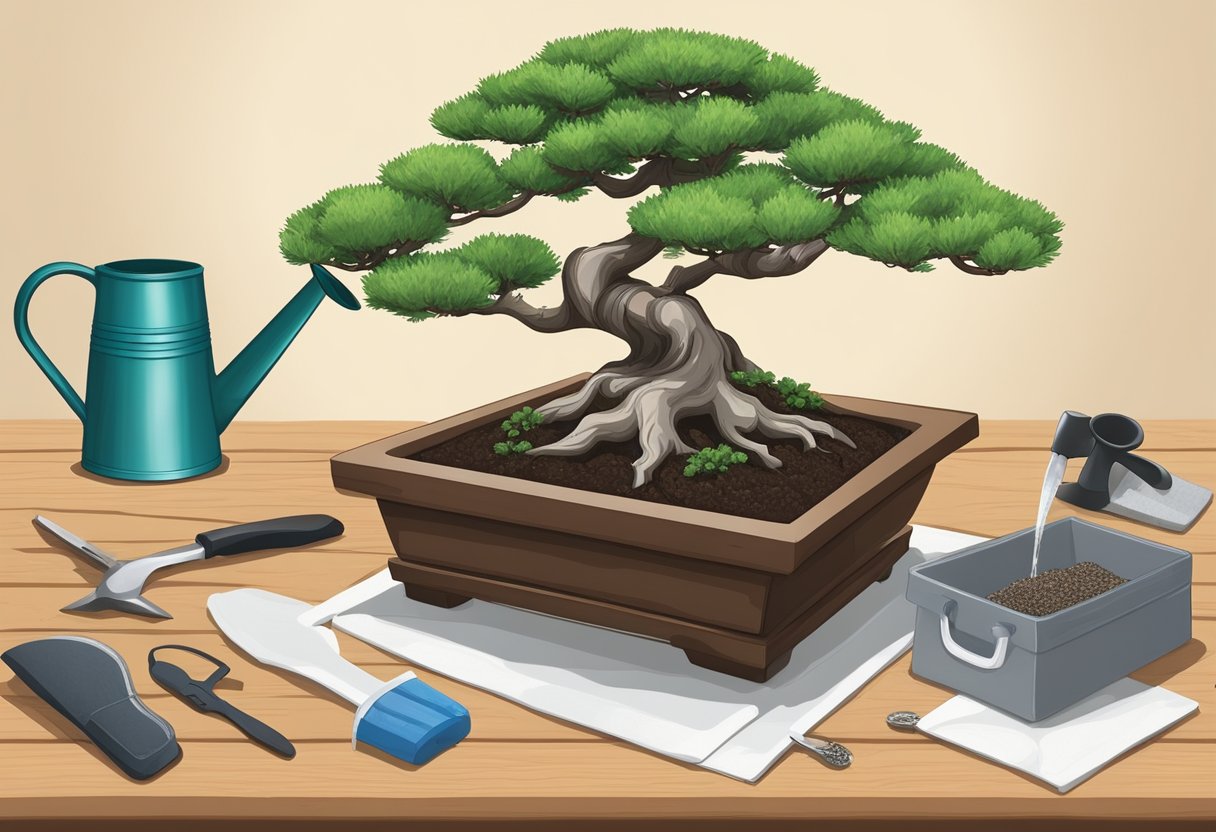 A bonsai tree kit sits on a wooden table, surrounded by small tools, a bag of soil, and a watering can