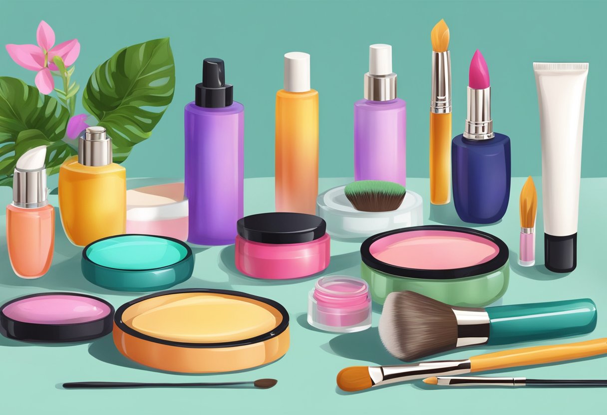 A table adorned with vibrant plant-based cosmetics and brushes