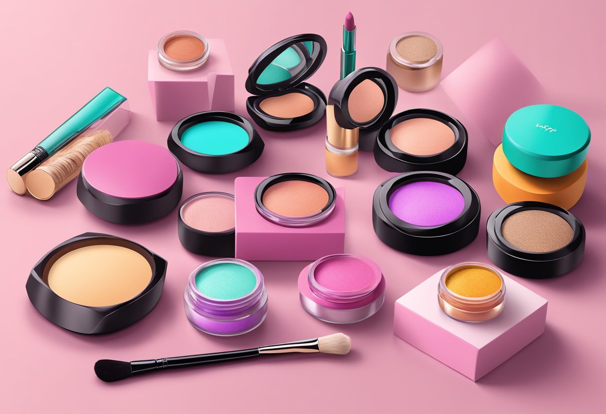 A table displaying top vegan makeup products with vibrant colors and sleek packaging