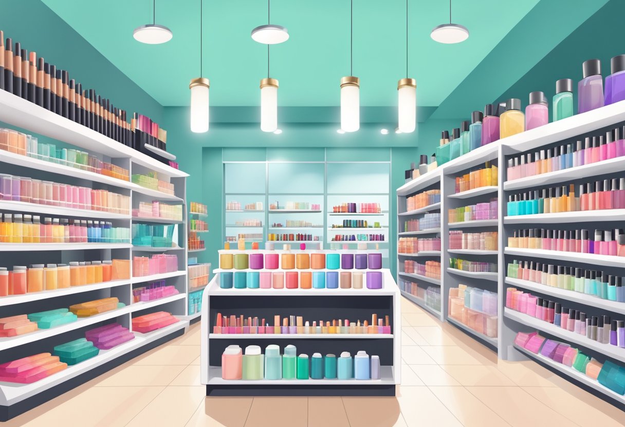 A bright, modern beauty store with shelves stocked full of colorful vegan makeup products. The store is well-lit with clean, minimalist decor and a welcoming atmosphere