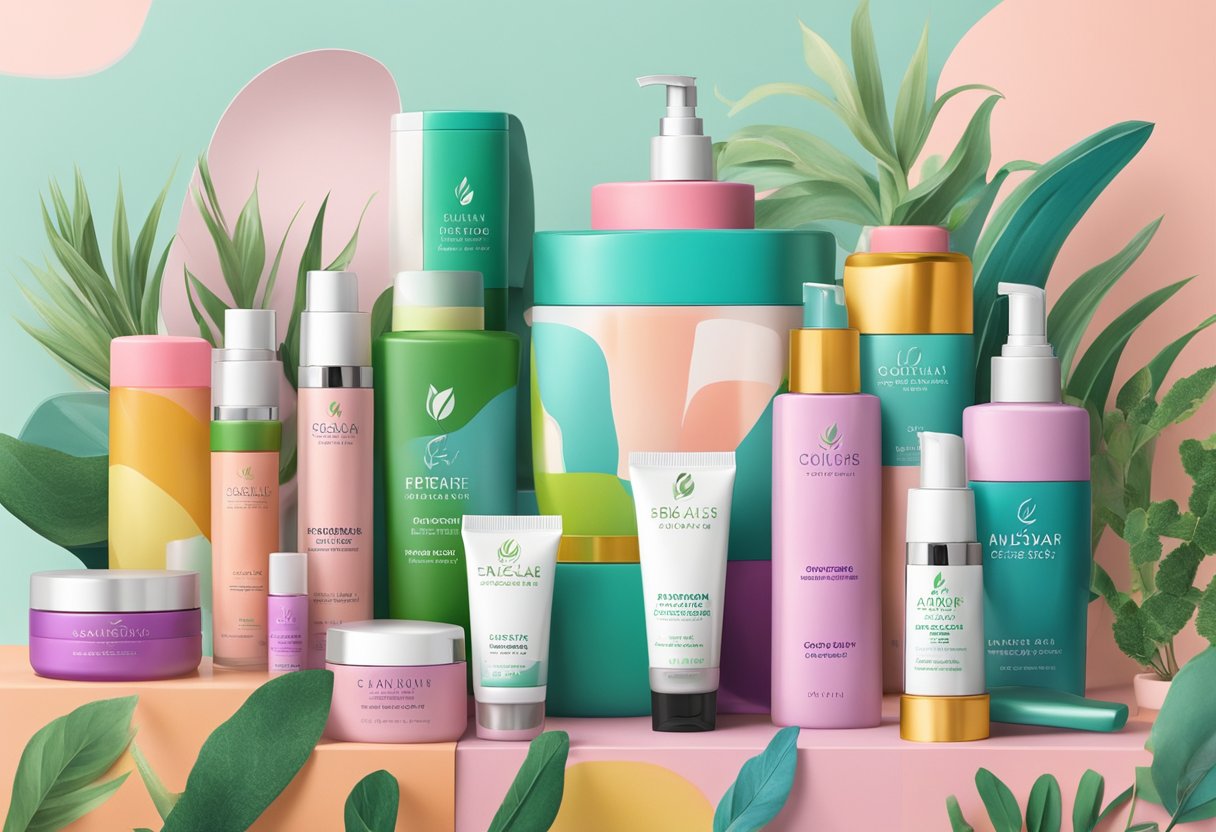 A colorful array of plant-based cosmetics, with vibrant packaging and cruelty-free logos, displayed on a clean, modern vanity