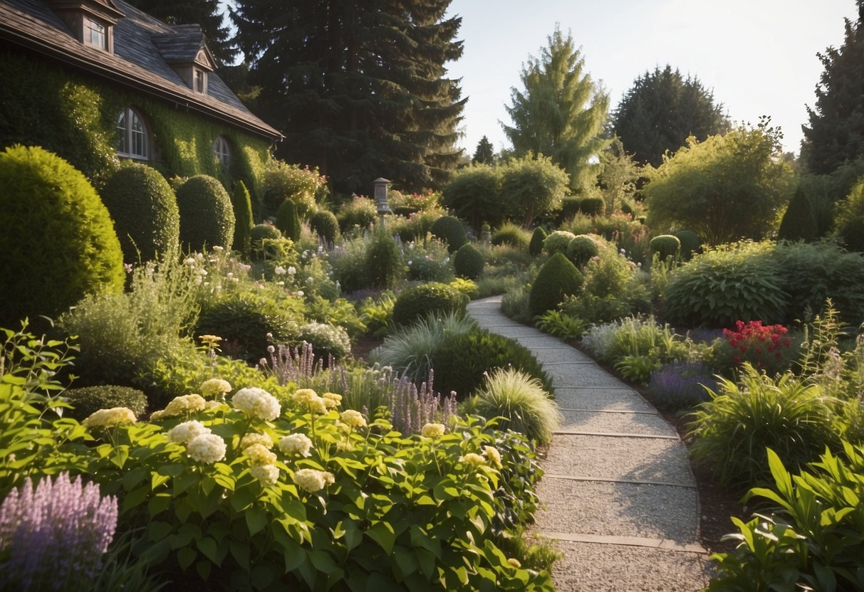 A lush garden with a variety of plants and flowers arranged in different concepts, such as a zen garden, cottage garden, or formal garden