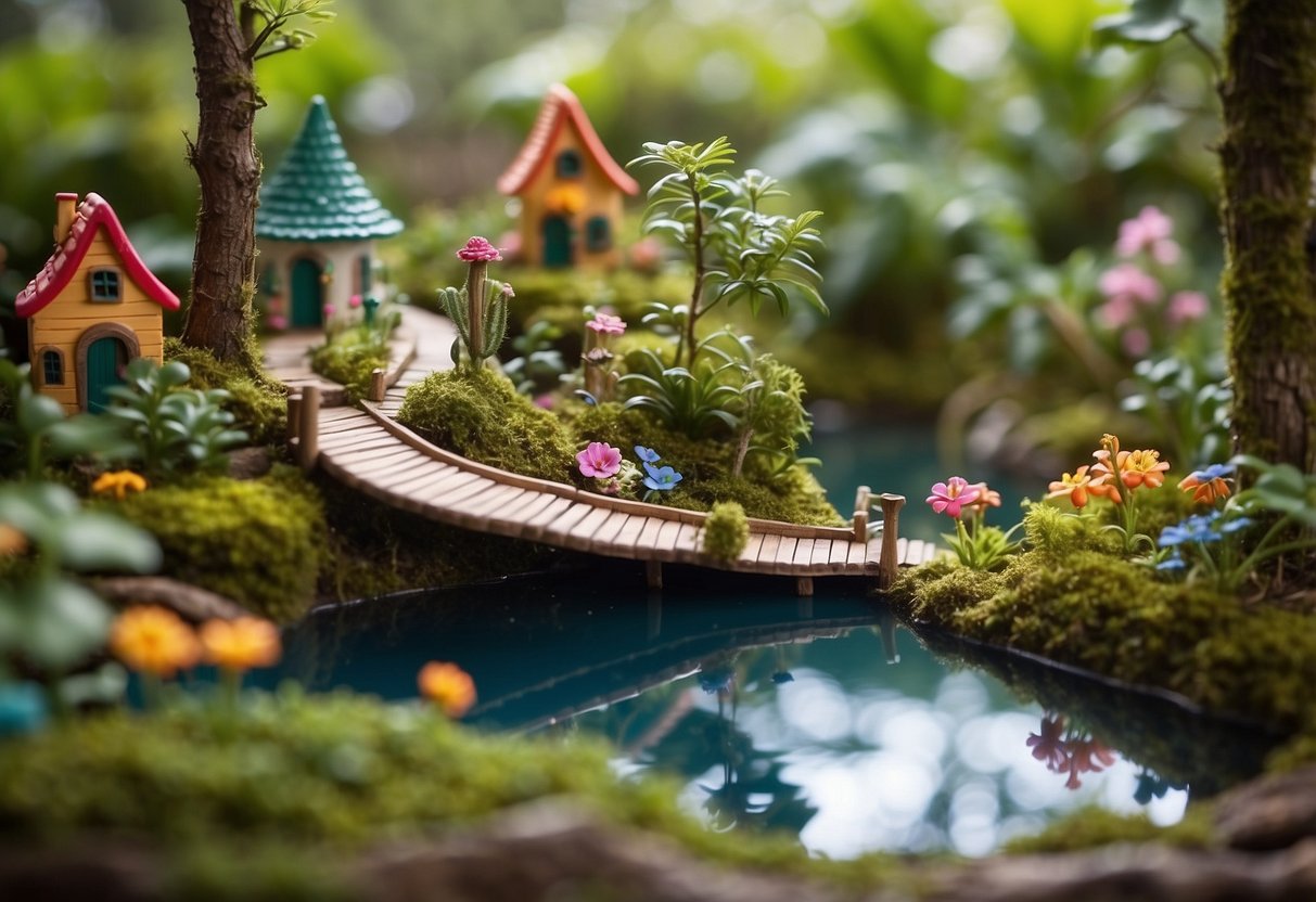 A lush garden filled with tiny fairy houses, winding paths, and colorful flowers. A miniature pond reflects the vibrant foliage, and a delicate fairy swing hangs from a tree branch