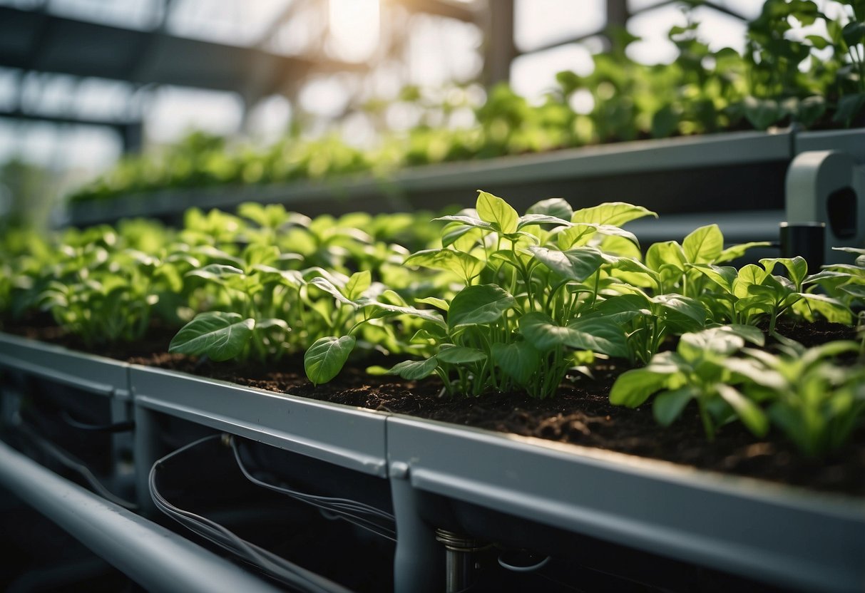 Lush green plants grow in various hydroponic systems, including vertical gardens and nutrient film techniques, creating a vibrant and sustainable garden