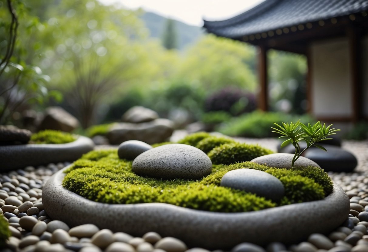 A serene Zen garden with carefully raked gravel, moss-covered stones, and minimalist plantings, surrounded by bamboo fencing and a tranquil water feature