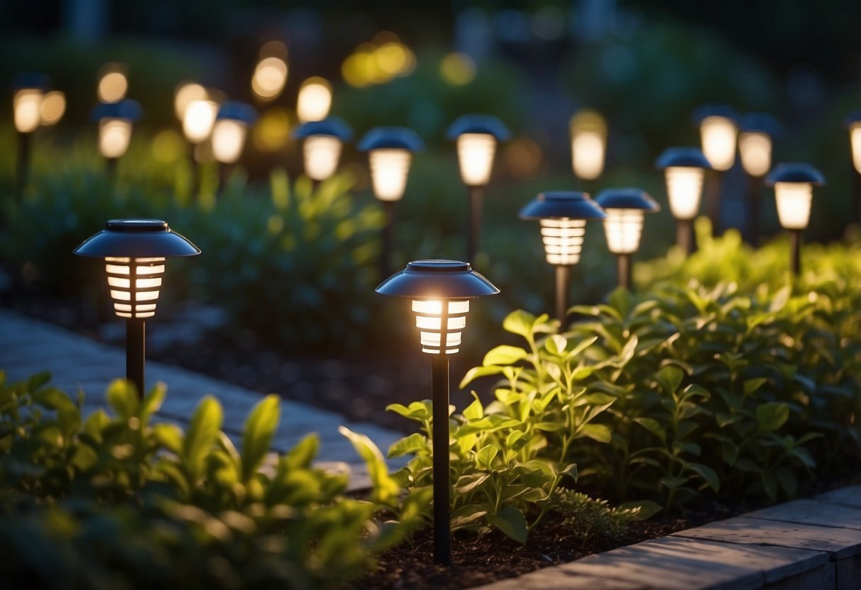 A lush garden with 17 solar garden lights illuminating the pathways and highlighting various garden concepts and ideas