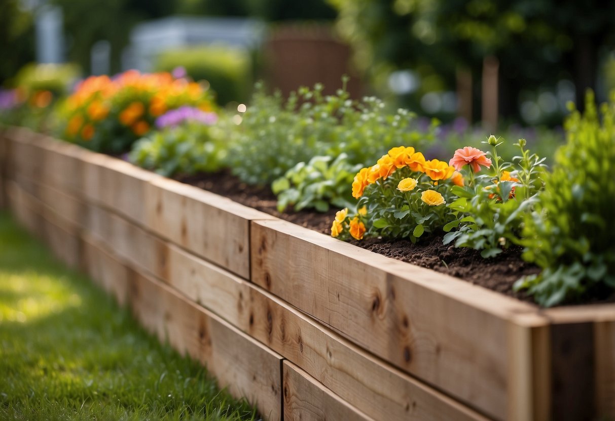 A row of raised garden beds, filled with colorful flowers and lush green plants, surrounded by neatly trimmed hedges and a backdrop of tall trees