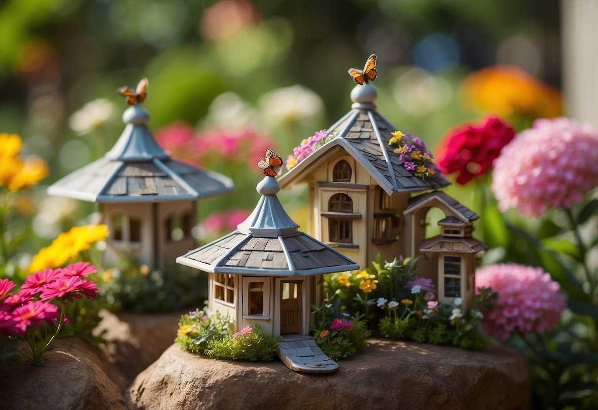 A colorful array of butterfly houses nestled among vibrant flowers and lush greenery in a serene garden setting