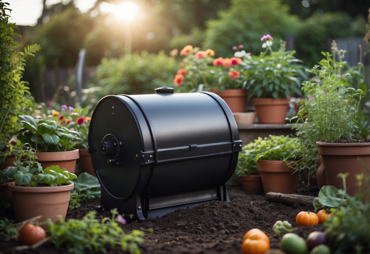 A backyard garden with a compost tumbler surrounded by various plants, flowers, and vegetables. The tumbler is being turned, with rich, dark compost spilling out