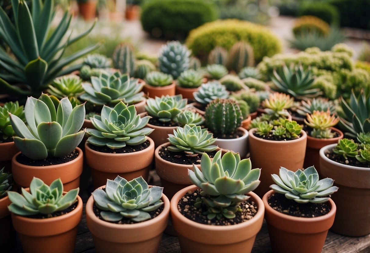 A variety of succulents arranged in different pots and planters, surrounded by a lush garden setting with various landscaping concepts