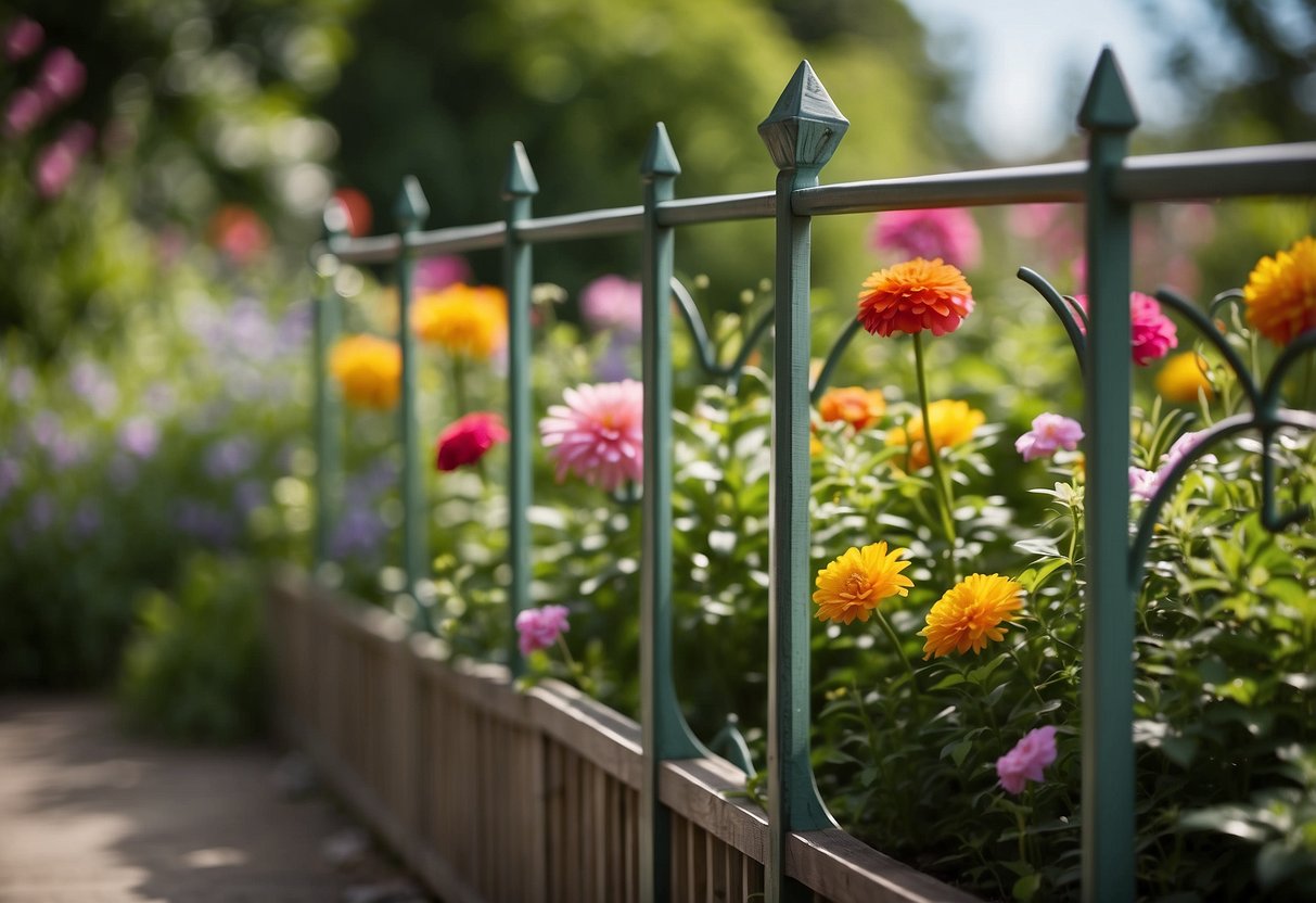 A garden fence surrounds a lush, colorful garden with various plants and flowers. The fence is made of wood or metal, with decorative elements like lattice or pickets