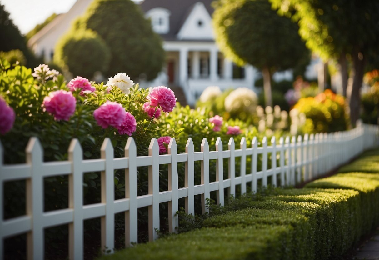 A charming picket fence surrounds a lush garden, with colorful flowers and neatly trimmed hedges. The white fence adds a touch of classic elegance to the scene