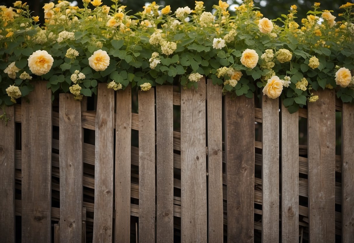 Rustic wooden panels create a charming garden fence. Vines and flowers peek through the weathered wood, adding a touch of natural beauty to the scene