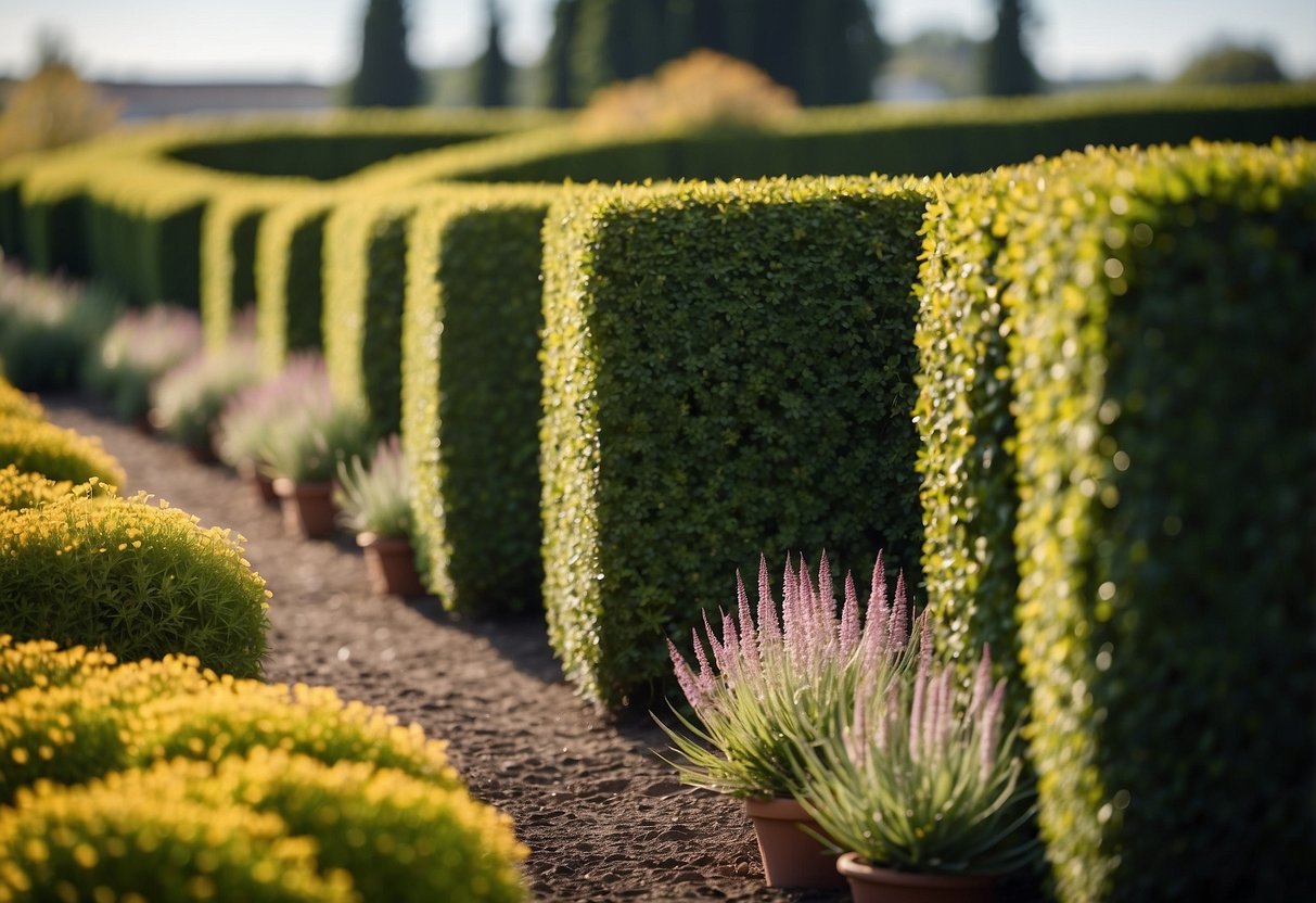 A hedge fence lines a neatly manicured garden, with a variety of plants and flowers peeking through the gaps