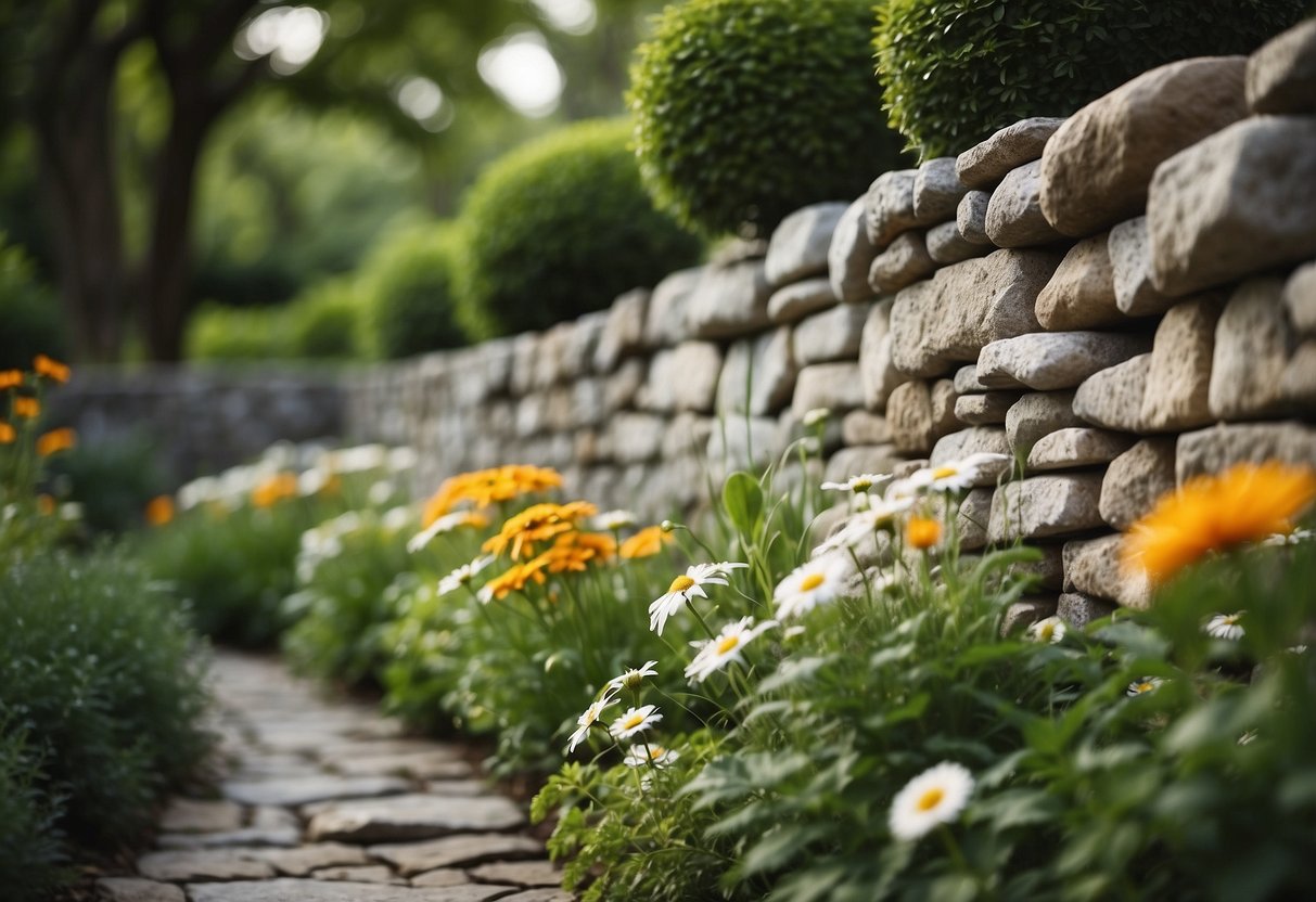 A stone wall surrounds a lush garden with flowers and greenery, creating a picturesque and charming scene for any illustrator to recreate