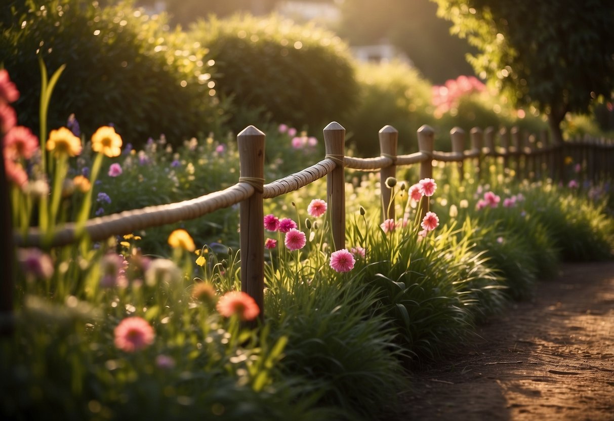 A reed fence encloses a lush garden with vibrant flowers and winding paths. The sun casts a warm glow on the scene, creating a peaceful and inviting atmosphere