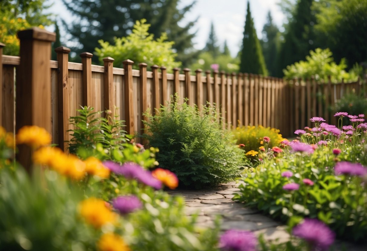 A cedar wood fence stands tall in a lush garden, surrounded by vibrant greenery and colorful flowers