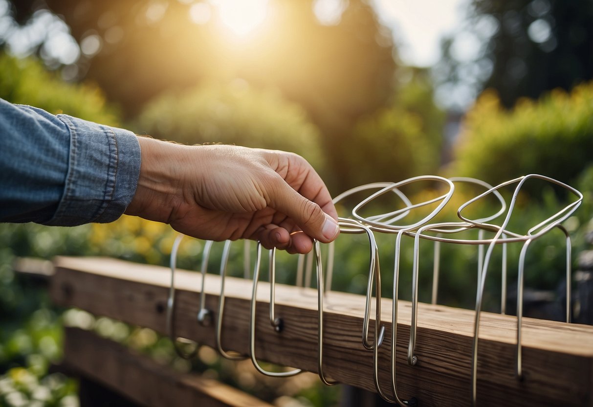 A person holds different materials like wood, metal, and wire, while standing in front of a garden. Various fence designs are displayed nearby