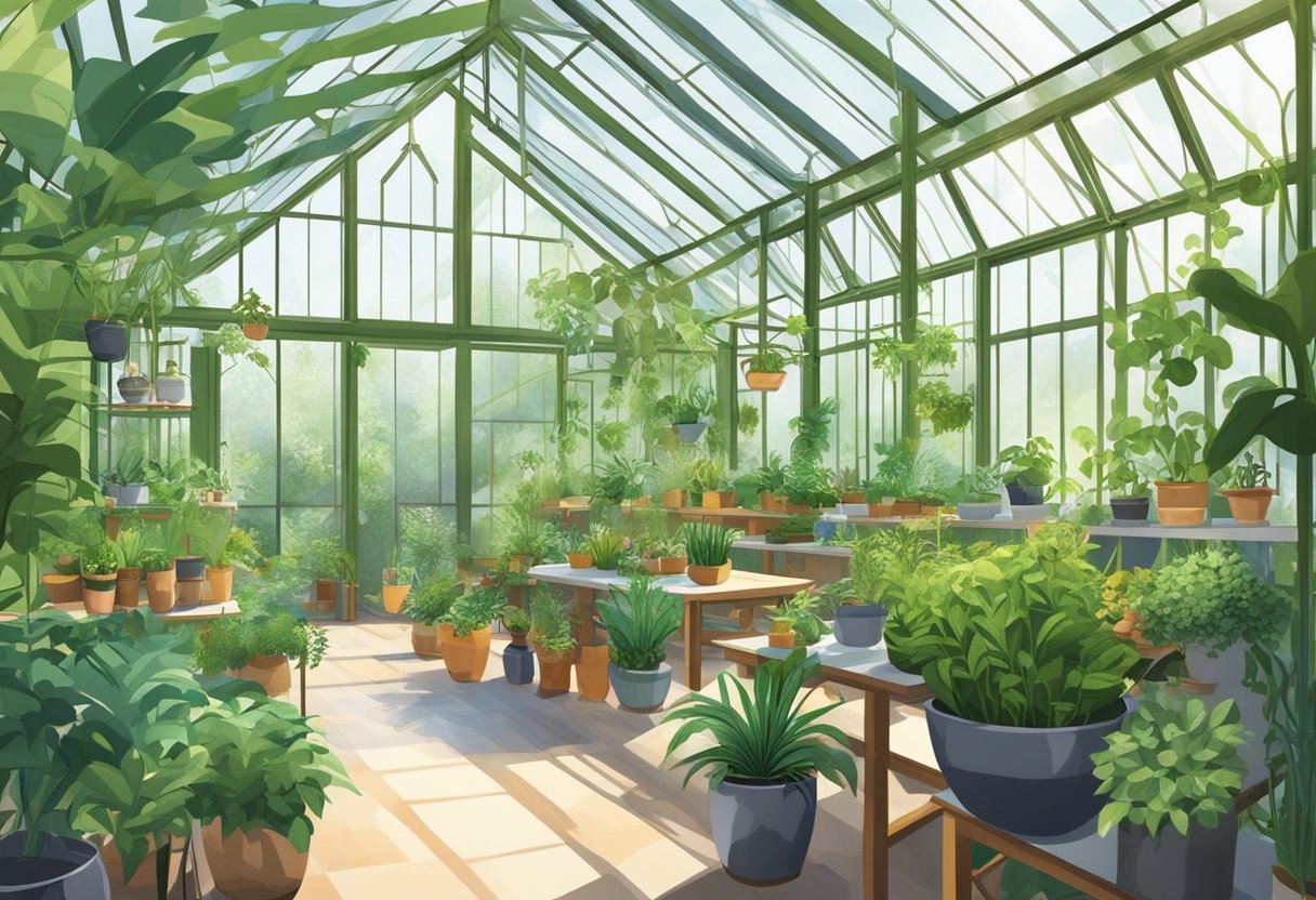 Vibrant green plants fill a spacious greenhouse with natural light streaming through the glass walls and roof. Various pots and hanging planters are arranged on shelves and tables, creating a lush and inviting atmosphere