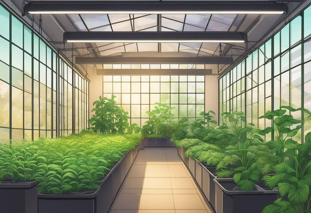 Vibrant green plants bask under the glow of LED grow lights in a spacious greenhouse. The lights are strategically positioned to illuminate every corner, creating a lush and thriving environment for the plants