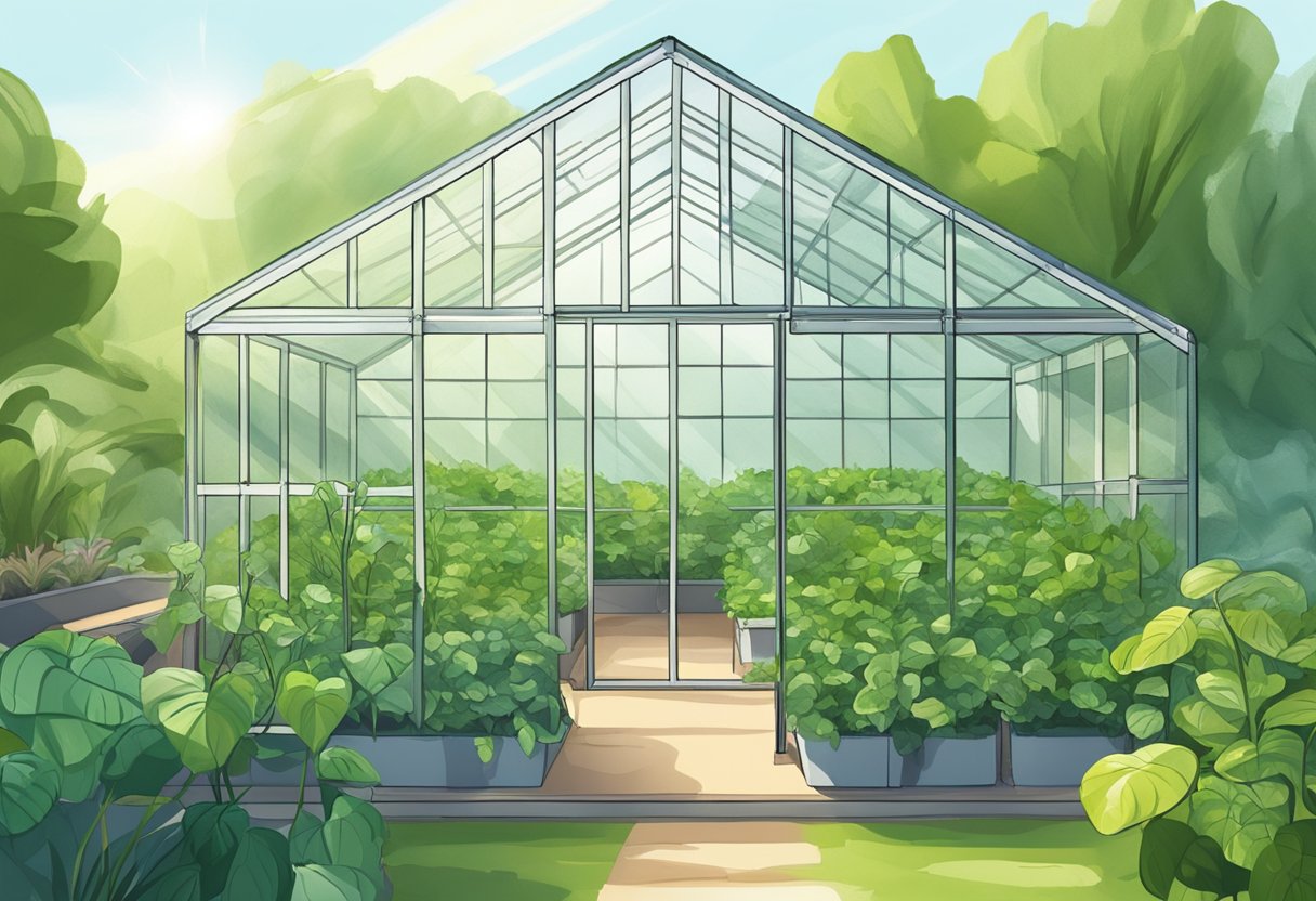 A greenhouse covered in green shade cloth, with plants thriving inside. Sunlight filters through the cloth, creating a peaceful and lush environment