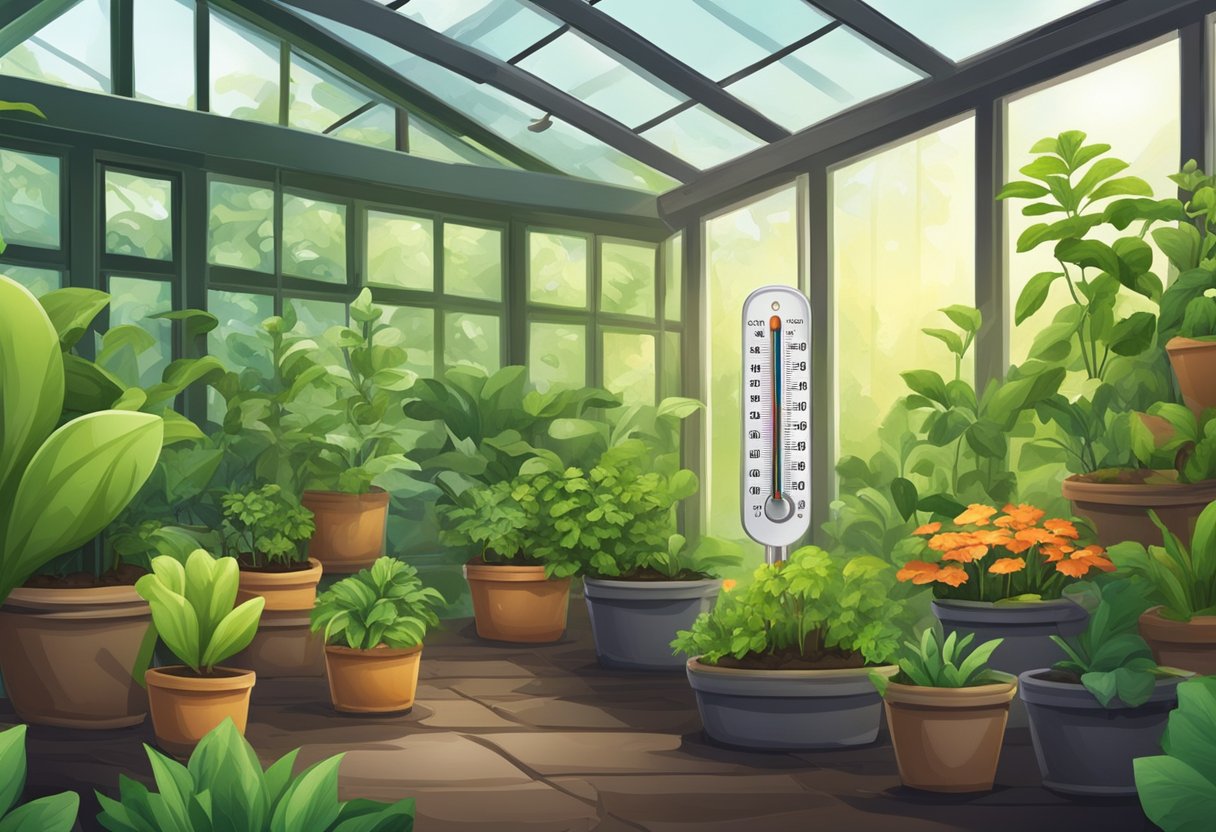 A soil thermometer is inserted into the rich, dark soil of a greenhouse, surrounded by vibrant green plants and pots of various sizes