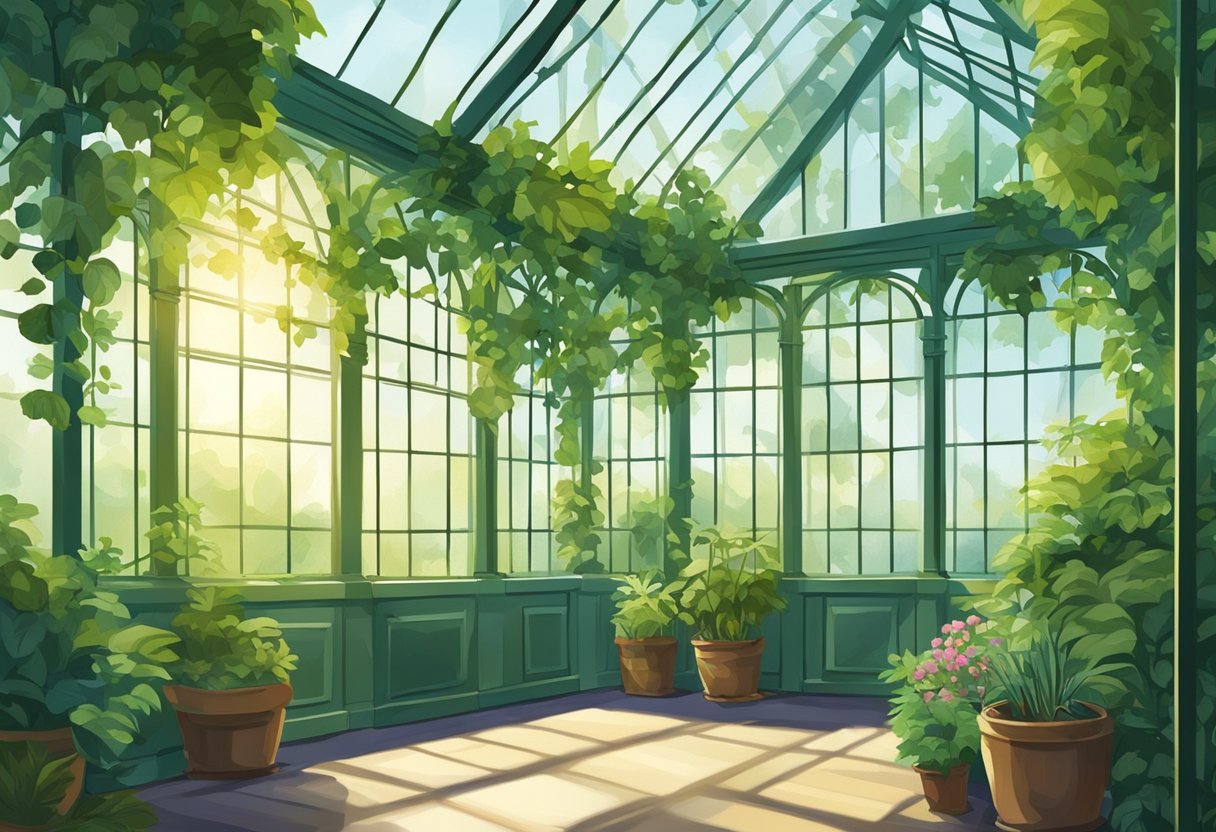 Lush green plants climb a sturdy trellis in a bright, airy greenhouse. Sunlight filters through the glass, casting dappled shadows on the vibrant foliage