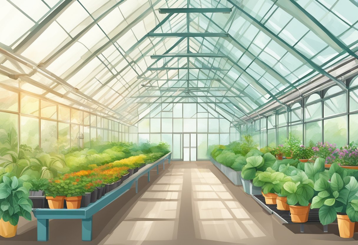 Multiple greenhouse fans in a row, circulating air in a spacious greenhouse filled with various plants and gardening equipment