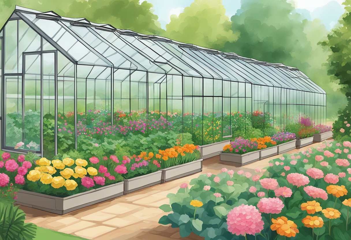 A row of 22 greenhouse ideas with various coverings, from plastic to cloth, set against a backdrop of lush greenery and colorful flowers