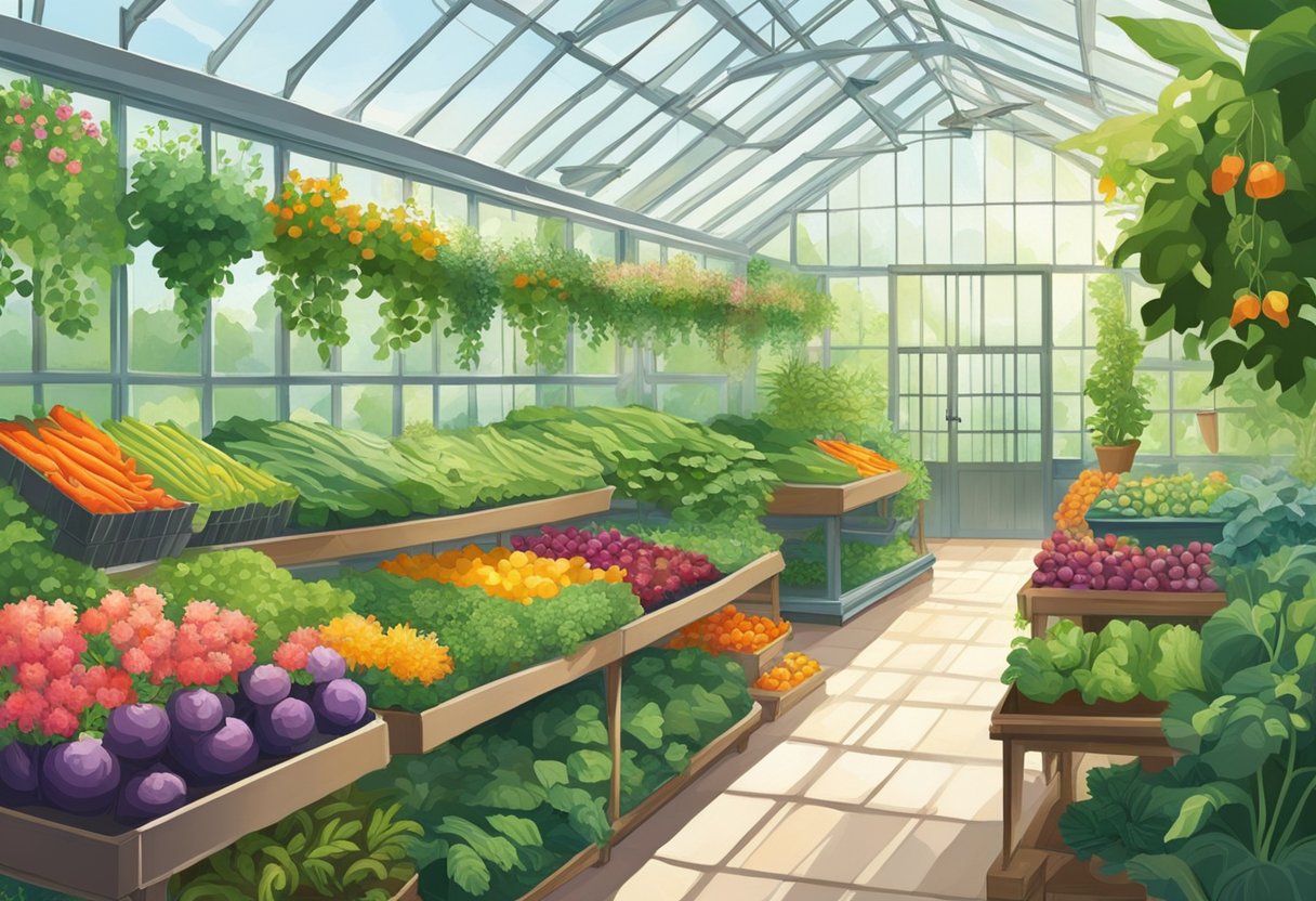 Lush green plants thrive inside a spacious greenhouse, bathed in natural sunlight. Rows of vibrant vegetables and flowers line the neatly organized interior, creating a tranquil and productive environment