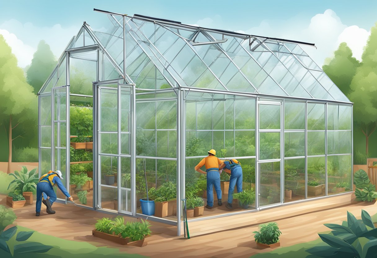 A team of workers assemble a greenhouse frame using metal poles and clear panels, surrounded by tools and materials