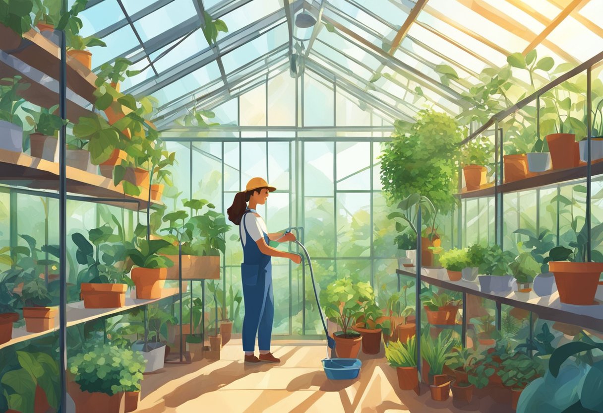 A person watering plants in a greenhouse, surrounded by various tools and equipment. Bright sunlight filters through the glass ceiling, illuminating the lush greenery