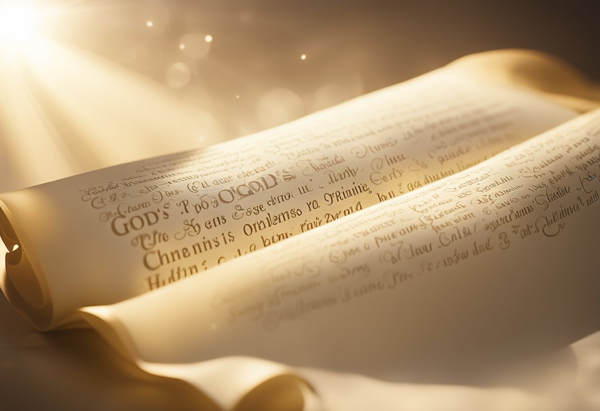 A radiant beam of light shines down from the heavens, illuminating a scroll with the words "God's Promises" written in elegant script