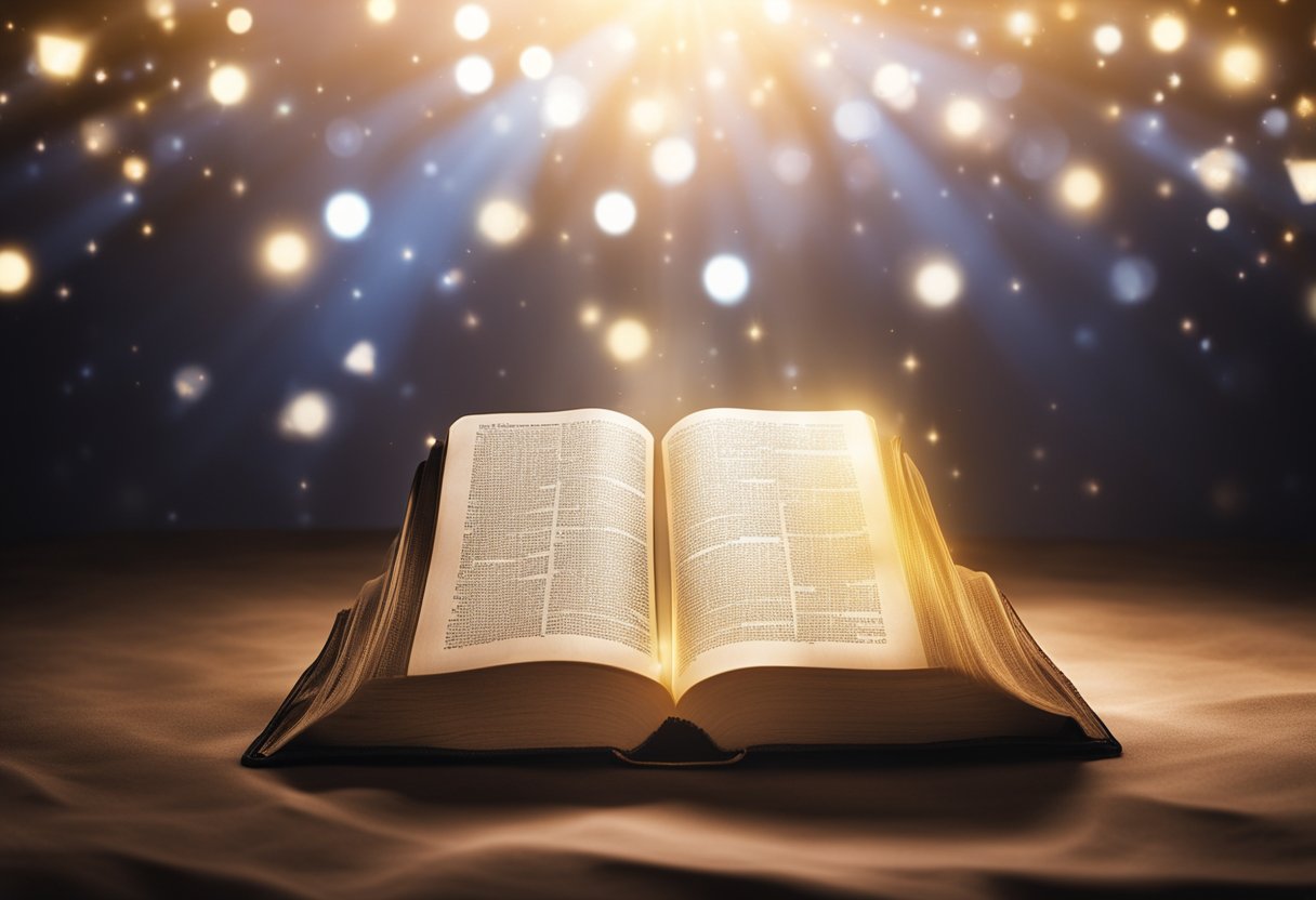 A glowing Bible surrounded by rays of light, with various promises written in cursive floating above it